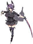  black_legwear breasts brown_eyes covered_nipples denki_shougun eyebrows eyepatch fingerless_gloves gloves highres kantai_collection large_breasts left-handed looking_at_viewer purple_hair short_hair simple_background skirt smile solo sword tenryuu_(kantai_collection) thighhighs weapon white_background zettai_ryouiki 