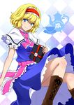  alice_margatroid argyle argyle_background blonde_hair blue_dress blue_eyes book boots capelet cross-laced_footwear cup dress grimoire grimoire_of_alice hairband k2isu lolita_hairband looking_at_viewer sash short_hair smile solo teacup teapot touhou 
