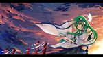  baisi_shaonian bug butterfly cloud cloudy_sky detached_sleeves frog_hair_ornament gohei green_eyes green_hair hair_ornament insect kochiya_sanae letterboxed long_hair long_sleeves looking_at_viewer pillar shirt skirt sky snake_hair_ornament solo sunset touhou very_long_hair wide_sleeves wind 