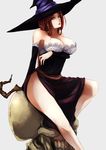  bare_shoulders breast_hold breasts brown_eyes brown_hair crossed_arms detached_sleeves dragon's_crown dress hat highres kyouya_(mukuro238) large_breasts long_hair skull solo sorceress_(dragon's_crown) staff strapless strapless_dress witch_hat 