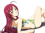  ahoge arm_support bikini blush braid crossed_legs front-tie_top green_eyes hataraku_maou-sama! long_hair looking_back lying navel on_back red_hair side_braid sitting smile solo swimsuit unagimaru yusa_emi 