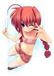  ;p ahoge blue_eyes blush braid food highres long_hair lyrical_nanoha mahou_shoujo_lyrical_nanoha mahou_shoujo_lyrical_nanoha_a's midriff navel one_eye_closed popsicle red_hair shiwo short_shorts shorts solo strapless thighhighs tongue tongue_out tubetop twin_braids v v_over_eye vita white_legwear 