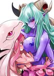 back between_breasts black_sclera blush breast_press breast_smother breasts collarbone demon_horns echidna_(shinrabanshou) green_hair hair_over_one_eye height_difference horns lamia large_breasts leviathan_(shinrabanshou) long_hair monster_girl multiple_arms multiple_girls nipples nude pink_hair red_eyes shinrabanshou slit_pupils tears yasu_(yossy) 