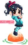  :q black_hair brown_eyes candy food hair_ornament hand_in_pocket hood hoodie long_hair pantyhose ponytail scrunchie skirt solo striped striped_legwear tari tongue tongue_out v vanellope_von_schweetz watermark web_address wreck-it_ralph 