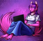  5_toed 5_toes abstract_background anthro breasts clothing computer dress female fur hair laptop mammal pink_eyes pink_fur purple_hair ratte rodent rsyk shirt solo squirrel toes 