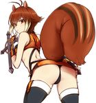  animal_ears antenna_hair ass bare_shoulders black_gloves black_legwear black_panties blazblue blush breasts brown_eyes brown_hair fingerless_gloves gloves looking_back makoto_nanaya medium_breasts minatsuki_randoseru orange_skirt panties revealing_clothes short_hair simple_background skirt solo squirrel_ears squirrel_tail tail thighhighs thong tonfa underboob underwear weapon white_background 