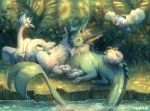  2017 ambiguous_gender brown_eyes day detailed_background digital_media_(artwork) eeveelution feathered_wings feathers feral fin grass group hi_res long_tail lying nintendo outside pok&eacute;mon pok&eacute;mon_(species) ravoilie shiny_pok&eacute;mon swablu swanna tail_fin vaporeon video_games water white_feathers wings 