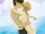  1boy 1girl ass beach bikini black_hair blonde_hair blush eyes_closed game_cg kiss long_hair mukai_yumiko nami_no_manimani ocean peko short_hair swimsuit water 