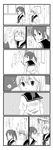  blush bra closed_eyes comic greyscale hachiko_(hati12) hallway highres monochrome multiple_girls original ponytail school_uniform see-through serafuku short_hair translated underwear wet wet_clothes yuri |_| 