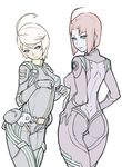  2girls ahoge ass blue_eyes blue_skin bodysuit breasts dimples_of_venus from_behind gamilas gorou-ya hands_on_hips looking_at_viewer looking_back melda_deitz multiple_girls pilot_suit red_eyes red_hair silver_hair simple_background skin_tight smile standing uchuu_senkan_yamato uchuu_senkan_yamato_2199 uniform white_background yamamoto_akira 