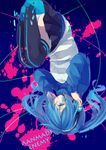  bad_id bad_pixiv_id bangs black_legwear black_skirt blue_background blue_eyes blue_hair blue_nails blurry cable digital_dissolve empty_eyes ene_(kagerou_project) facial_mark fetal_position flat_chest full_body hair_over_one_eye hands_on_headphones headphones jinzou_enemy_(vocaloid) kagerou_project long_hair long_sleeves miniskirt missing_limb nail_polish one_eye_covered panties pantyshot parted_lips pleated_skirt skirt solo song_name splatter thighhighs turtleneck twintails underwear upside-down white_panties yumegi_(bitter_orange215) 