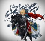  absurdres ahoge armor armored_dress artoria_pendragon_(all) bad_revision bangs blonde_hair breastplate caliburn closed_mouth downscaled_revision dress fate/stay_night fate_(series) gauntlets green_eyes grey_background hair_between_eyes highres holding holding_sword holding_weapon horse horseback_riding juliet_sleeves long_sleeves md5_mismatch nakajima_hisashi puffy_sleeves reins riding saber solo sword weapon 