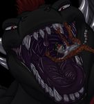  black_fur danza dragon feline fur grey_skin hair male mammal mawshot micro mouth_shot open_maw orange_fur red_eyes red_hair reptile saliva scalie size_difference stripes teeth tiger uvula vorarephilia vore wet white_fur 