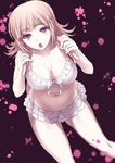  :o bent_over bikini bikini_skirt breasts cleavage danganronpa frills front-tie_top hair_ornament hairclip highres iga_tomoteru large_breasts nanami_chiaki navel open_mouth pink_hair purple_eyes short_hair solo super_danganronpa_2 swimsuit 