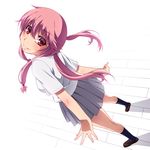 blush from_above gasai_yuno grin hayashi_custom long_hair looking_back looking_up mirai_nikki pink_eyes pink_hair pleated_skirt red_eyes school_uniform skirt smile solo twintails 