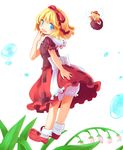  blonde_hair bloomers blouse blue_eyes bobby_socks bow dress floating flower hair_ribbon hand_on_own_face head_tilt leaf lily_of_the_valley looking_at_viewer looking_back medicine_melancholy mito_tsubaki open_mouth puffy_short_sleeves puffy_sleeves ribbon short_hair short_sleeves simple_background skirt socks solo su-san touhou underwear water_drop white_background wings 