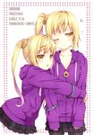  blonde_hair dual_persona hug kiss-shot_acerola-orion_heart-under-blade kouji_(campus_life) long_hair monogatari_(series) multiple_girls older one_eye_closed oshino_shinobu pantyhose side_ponytail teenage yellow_eyes 