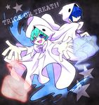  1girl blue_eyes blue_hair bow expressionless ghost ghost_tail green_hair grey_background hair_over_eyes halloween happy hood kamame_kamome outstretched_arms puyopuyo puyopuyo_fever rei-kun short_hair spread_arms star trick_or_treat yu-chan 