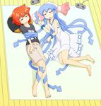  aizawa_eiko barefoot blue_eyes blue_hair closed_eyes controller dress game_controller gamepad highres ikamusume long_hair long_legs lying multiple_girls on_back on_side pale_eye pillow red_eyes red_hair sat-c shinryaku!_ikamusume shorts shrimp sleeping tentacle_hair 