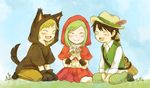  2boys animal_costume black_hair blonde_hair blush closed_eyes cosplay dress fang feathers flower grass green_hair gun hat hood hoodie kagerou_project kano_shuuya kido_tsubomi little_red_riding_hood little_red_riding_hood_(grimm) little_red_riding_hood_(grimm)_(cosplay) multiple_boys open_mouth seto_kousuke short_hair smile vocaloid weapon wolf_costume yellowiris 