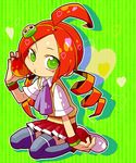  ahoge andou_ringo apple black_legwear character_hair_ornament dress drill_hair food fruit full_body green_background green_eyes hair_ornament hairclip heart homura-m kneeling necktie object_namesake puyo_(puyopuyo) puyopuyo puyopuyo_7 red_dress red_hair school_uniform shoes short_hair skirt solo sweater_vest thighhighs twin_drills twintails 