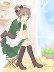  akizuki_ritsuko animal antenna_hair apron bottle brown_eyes brown_hair cat curtains ds_(ndsl) flower glasses hair_ornament idolmaster idolmaster_(classic) maid maid_headdress pot puffy_sleeves short_hair short_sleeves sky sleeping smile solo 