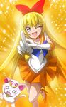  :d artemis_(sailor_moon) back_bow bishoujo_senshi_sailor_moon blonde_hair blue_eyes blush bow cat choker cosplay dokidoki!_precure futa-futa hummy_(suite_precure) long_hair look-alike one_eye_closed open_mouth orange_choker orange_sailor_collar orange_skirt pointing precure red_ribbon regina_(dokidoki!_precure) ribbon sailor_collar sailor_senshi_uniform sailor_venus sailor_venus_(cosplay) skirt smile solo suite_precure 