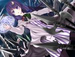  a_(aaaaaaaaaaw) blurry book crescent crescent_hair_ornament depth_of_field dress dutch_angle hair_ornament hair_ribbon halberd long_hair magic_circle no_hat no_headwear patchouli_knowledge polearm purple_eyes purple_hair ribbon solo sword touhou weapon 