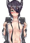  black_hair eyepatch highres inuwi_(yokose_y) kantai_collection no_bra open_clothes simple_background sleeves_pushed_up smile solo sweat tenryuu_(kantai_collection) undone_necktie white_background yellow_eyes 