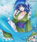  blue_eyes blue_hair breasts bubble cleavage head_fins japanese_clothes large_breasts long_sleeves marker_(medium) mermaid millipen_(medium) monster_girl obi open_mouth ryumaira sample sash seaweed short_hair sitting solo touhou traditional_media underwater wakasagihime water wide_sleeves 