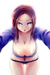  bad_id bad_pixiv_id blue_eyes blue_panties breasts brown_hair cleavage combat_s-ko highres large_breasts leaning_forward open_mouth original panties short_hair simple_background solo symbol-shaped_pupils underwear white_background zipper 