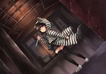  akemiho_tabi_nikki animal_hood black_hair black_legwear blush candle cat_hood dual_wielding fukube_tamaki holding hood hoodie kouno_hikaru kunai long_sleeves looking_back pouch red_eyes short_hair solo striped striped_hoodie thighhighs weapon zettai_ryouiki 