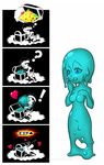  1boy 1girl 4koma aqua_skin blue_eyes chibi comic goo_girl heart highres ian_chase kiss monster_girl original silent_comic slime spoken_heart treasure_chest 