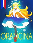  absurdres bad_id bad_pixiv_id black_legwear blonde_hair blue_eyes bottle character_name dress drink flower french_flag hair_flower hair_ornament head_wreath highres long_hair orange_blossoms orangina pantyhose personification petticoat solo souji very_long_hair 