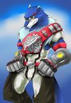  5_fingers anime anthro armor belt biceps black_eyes black_nose black_skin blue_background blue_fur bulge canine clothing digimon eyewear fur glasses gloves happy japanese looking_at_viewer looking_down machgaogamon male mammal manly muscles pants plain_background shadow sharp_teeth shiny shirt silver skin smile sollynaka_(pixiv) solo standing teeth unknown_artist white_background white_eyes white_fur wolf yellow_eyes 