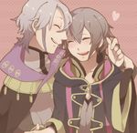  1girl ^_^ arm_around_shoulder arm_up blush bridal_gauntlets brown_hair cape closed_eyes couple eyeball female_my_unit_(fire_emblem:_kakusei) fingernails fire_emblem fire_emblem:_kakusei grey_hair hair_between_eyes hands_together heart henry_(fire_emblem) jacket long_sleeves my_unit_(fire_emblem:_kakusei) open_mouth parted_lips pink_background short_hair sideways_mouth teeth tooru_fuyuse very_short_hair wide_sleeves 