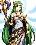  crown goddess green_eyes green_hair jewelry kid_icarus kid_icarus_uprising long_hair mafen palutena smile solo staff very_long_hair 