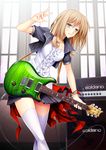  440 amplifier blonde_hair blue_eyes electric_guitar guitar instrument looking_at_viewer open_mouth original paul_reed_smith short_hair skirt smile soldano solo thighhighs twintails watch wristwatch 