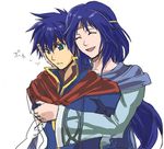  1girl artist_request blue_eyes blue_hair cape circlet elena_(fire_emblem) fire_emblem fire_emblem:_souen_no_kiseki hug ike long_hair lowres mother_and_son smile 