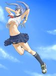  555 belt blue_eyes blue_hair breasts jumping knife kunai large_breasts midriff open_mouth original school_uniform serafuku shoes skirt smile sneakers socks solo striped striped_legwear thigh_strap twintails underboob weapon wristband 