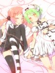  bare_shoulders child dress green_hair headdress holding_hands kl kl-chan long_hair lying mismatched_legwear mono_(character) multiple_girls original pink_hair short_hair striped striped_legwear thighhighs twintails valentine 