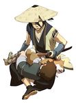  black_hair brown_hair child dog habuki hat japanese_clothes katana kotarou_(stranger) male_focus multiple_boys nanashi_(stranger) ribbon sandals sheath sheathed shiba_inu sleeping stranger_mukou_hadan straw_hat sword tobimaru_(stranger) weapon 