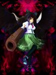  black_hair bow breasts hair_bow highres impossible_clothes impossible_shirt large_breasts long_hair rasha red_eyes reiuji_utsuho shirt solo touhou wings 