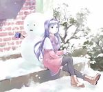  blue_hair boots highres kanon long_hair minase_nayuki red_skirt school_uniform sitting skirt snow snow_bunny snowman solo thighhighs yoshizuki_kumichi 