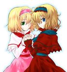  alice_margatroid alternate_color bad_id bad_pixiv_id blonde_hair blue_eyes capelet colorized dress dual_persona frills green_eyes hair_over_one_eye hairband holding_hands multiple_girls myama player_2 short_hair touhou 