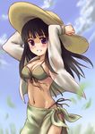  absurdres bad_id bad_pixiv_id bangs bikini blunt_bangs breasts cleavage day front-tie_top green_bikini green_sarong hand_on_headwear hat highres jacket large_breasts midriff open_clothes open_jacket open_mouth original sarong side-tie_bikini smile solo sun_hat suppy swimsuit 