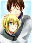  1girl bad_id bad_pixiv_id chin_on_head chin_rest closed_eyes couple gundam gundam_00 hand_on_another's_head happy hetero hug hug_from_behind louise_halevy one_eye_closed saji_crossroad short_hair smile tears the_starry_skies 