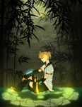  bamboo bamboo_forest blonde_hair closed_eyes detached_sleeves forest headphones kagamine_len male_focus microphone moon nature necktie ponytail sitting solo uya vocaloid 