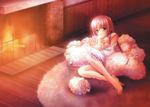  1girl blush caren_mayfield cuddle cuddling feet fireplace japanese_clothes miko moldavite red_hair redhead sheep solo 