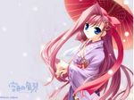  1girl blue_eyes chinese_umbrella female japanese_clothes kimono long_hair princess_sakura red_hair redhead smile snow solo sorairo_no_organ umbrella 